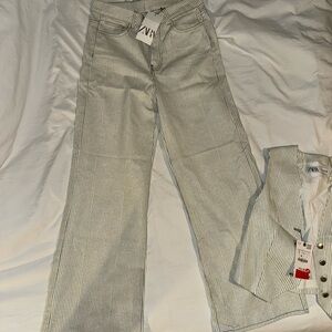 ZARA Cream and Black Pinstripe Wide-Leg Jeans